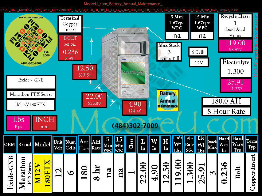 Product image for Battery Annual Maintenance EXide GNB Marathon FTX Series M12V180FTX