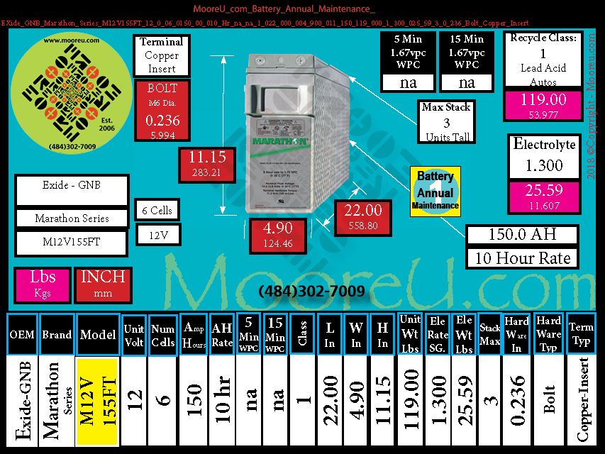 Product image for Battery Annual Maintenance EXide GNB Marathon Series M12V155FT