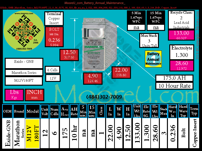 Product image for Battery Annual Maintenance EXide GNB Marathon Series M12V180FT