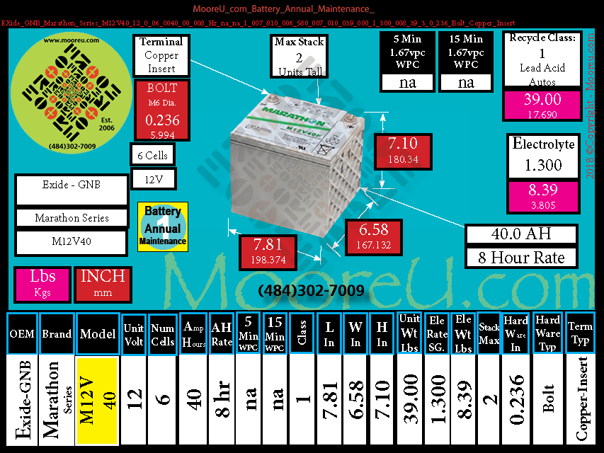 Product image for Battery Annual Maintenance EXide GNB Marathon Series M12V40