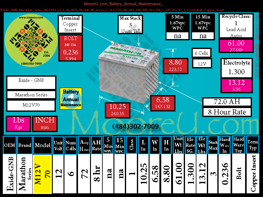 Product image for Battery Annual Maintenance EXide GNB Marathon Series M12V70