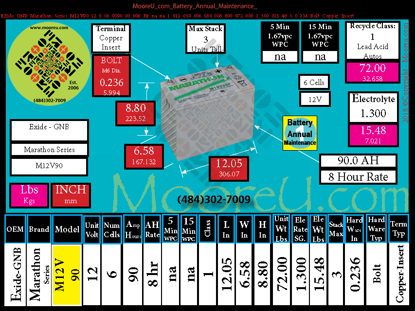 Product image for Battery Annual Maintenance EXide GNB Marathon Series M12V90