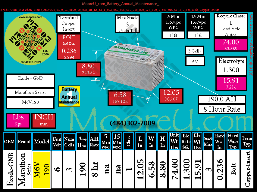 Product image for Battery Annual Maintenance EXide GNB Marathon Series M6V190