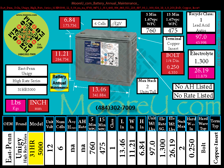 Product image for Battery Annual Maintenance East Penn Deka Unigy High Rate Series 31HR5000