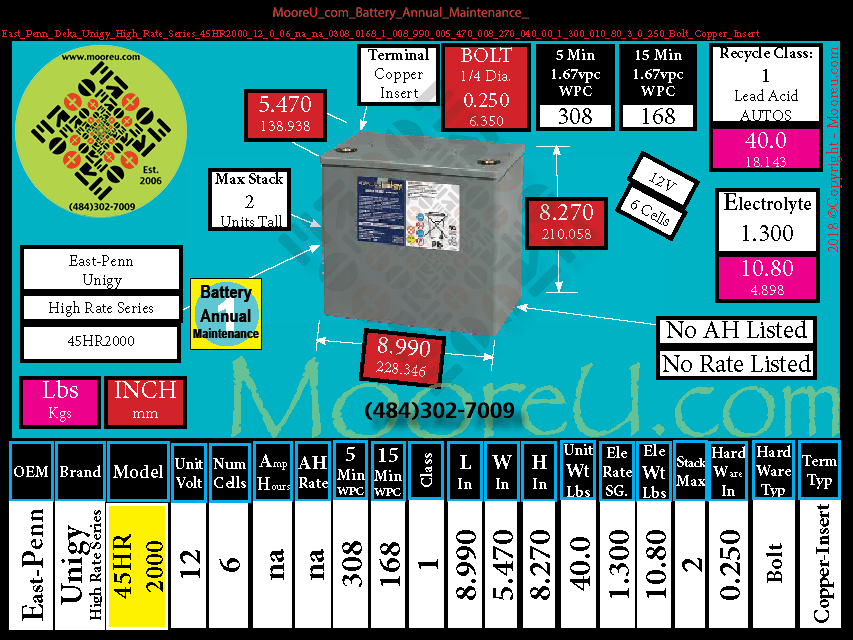Product image for Battery Annual Maintenance East Penn Deka Unigy High Rate Series 45HR2000