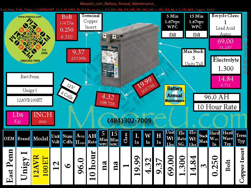 Product image for Battery Annual Maintenance East Penn Deka Unigy I 12AVR100ET