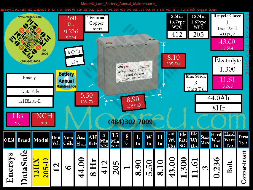 Product image for Battery Annual Maintenance Enersys Data Safe HX 12HX205 D