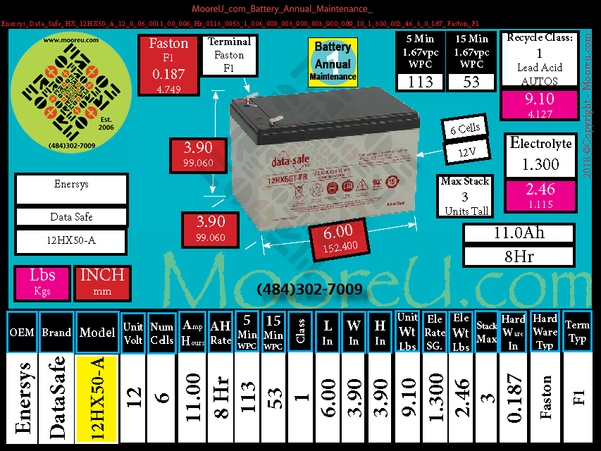 Product image for Battery Annual Maintenance Enersys Data Safe HX 12HX50 A