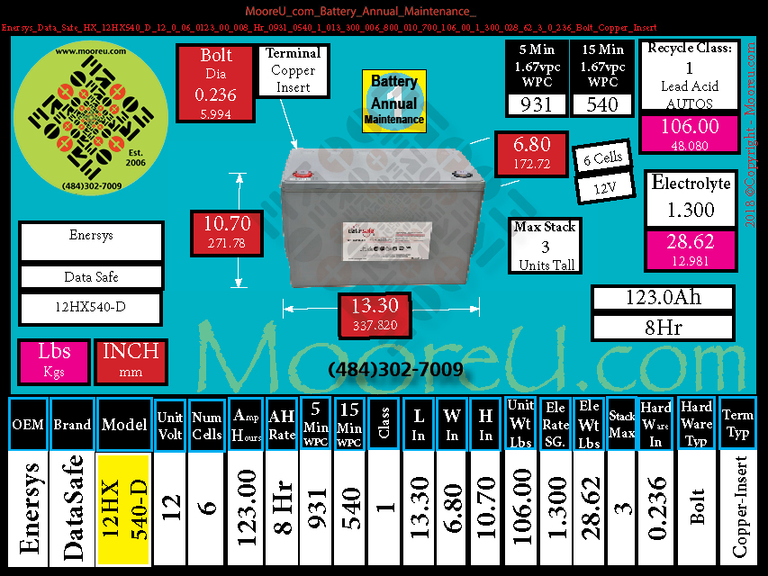 Product image for Battery Annual Maintenance Enersys Data Safe HX 12HX540 D