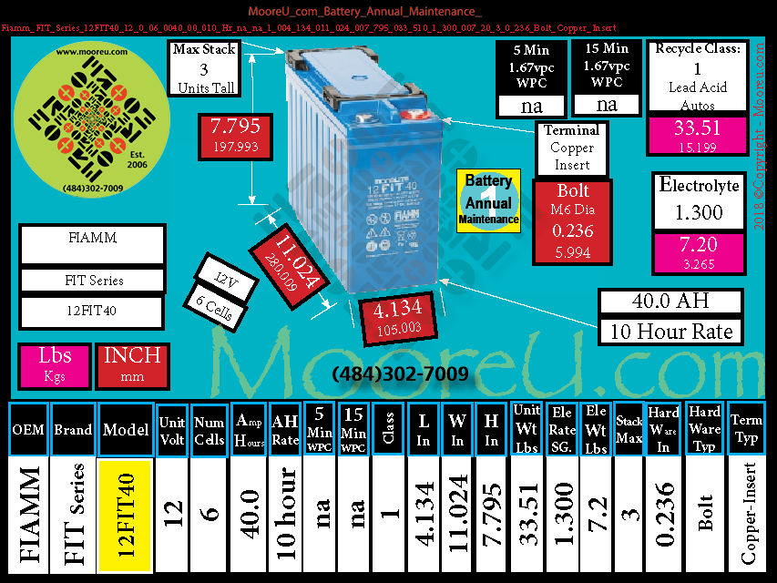 Product image for Battery Annual Maintenance Fiamm FIT Series 12FIT40