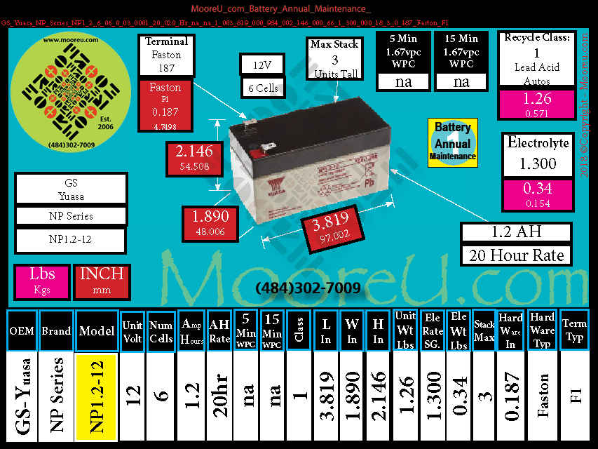 Product image for Battery Annual Maintenance GS Yuasa NP Series NP1.2 6