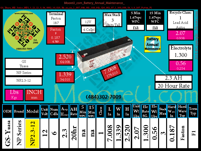 Product image for Battery Annual Maintenance GS Yuasa NP Series NP2.3 12