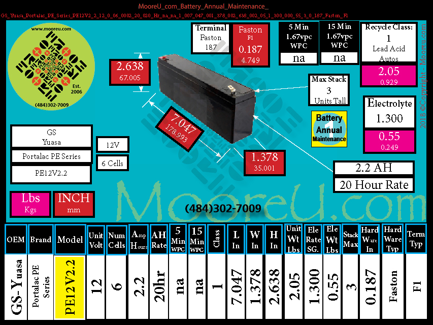Product image for Battery Annual Maintenance GS Yuasa Portalac PE Series PE12V2.2