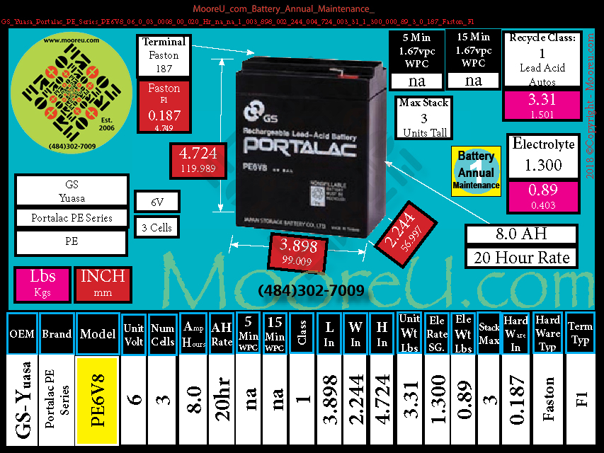 Product image for Battery Annual Maintenance GS Yuasa Portalac PE Series PE6V8