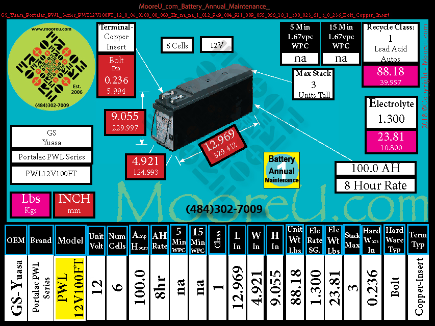 Product image for Battery Annual Maintenance GS Yuasa Portalac PWL Series PWL12V100FT