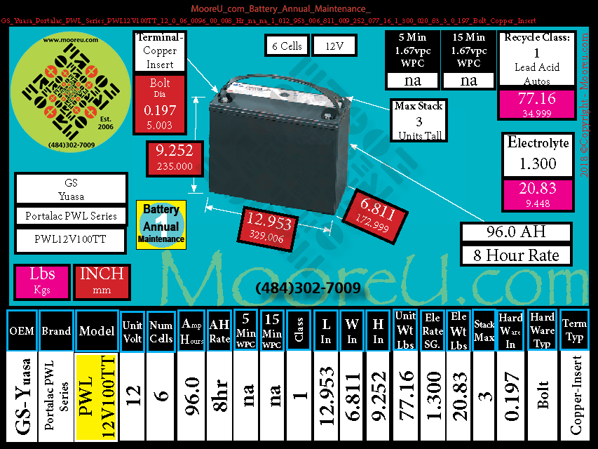 Product image for Battery Annual Maintenance GS Yuasa Portalac PWL Series PWL12V100TT