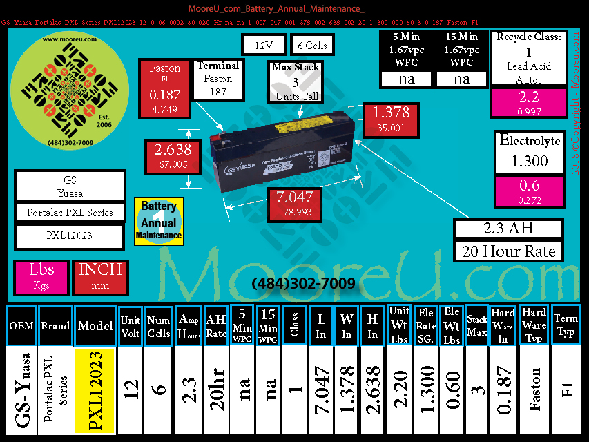 Product image for Battery Annual Maintenance GS Yuasa Portalac PXL Series PXL12023