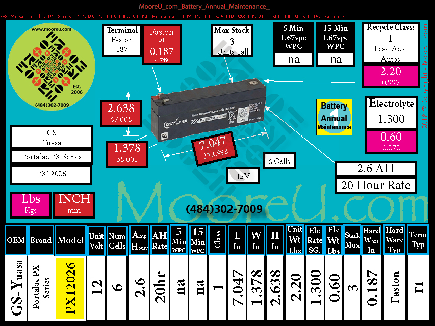 Product image for Battery Annual Maintenance GS Yuasa Portalac PX Series PX12026