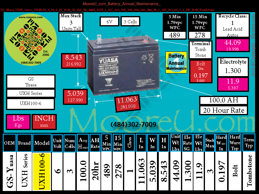 Product image for Battery Annual Maintenance GS Yuasa UXH Series UXH100 6