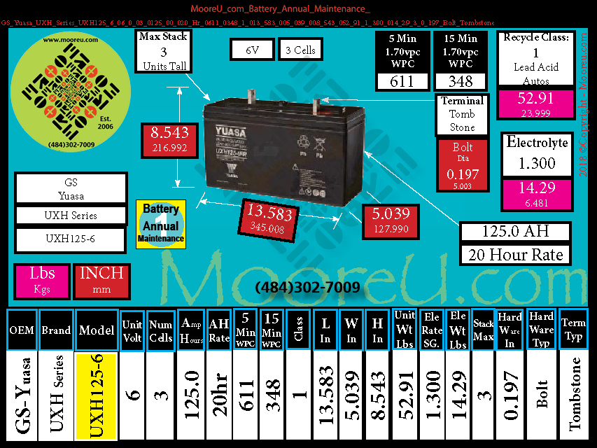 Product image for Battery Annual Maintenance GS Yuasa UXH Series UXH125 6