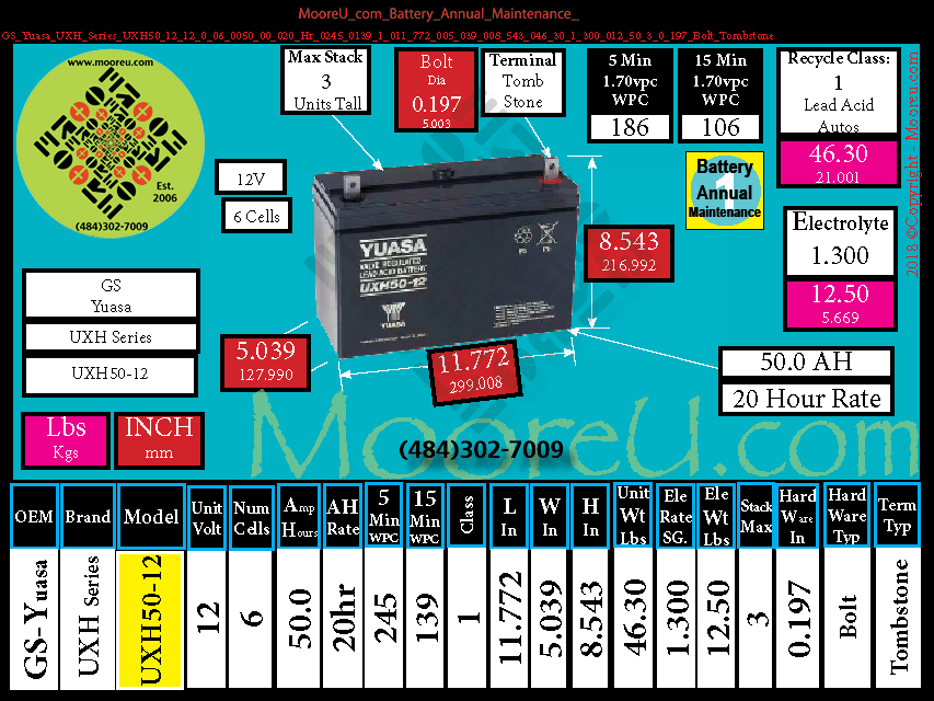 Product image for Battery Annual Maintenance GS Yuasa UXH Series UXH50 12
