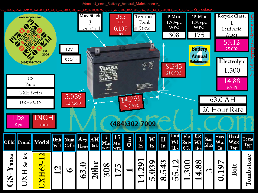 Product image for Battery Annual Maintenance GS Yuasa UXH Series UXH63 12