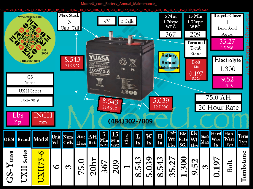 Product image for Battery Annual Maintenance GS Yuasa UXH Series UXH75 6