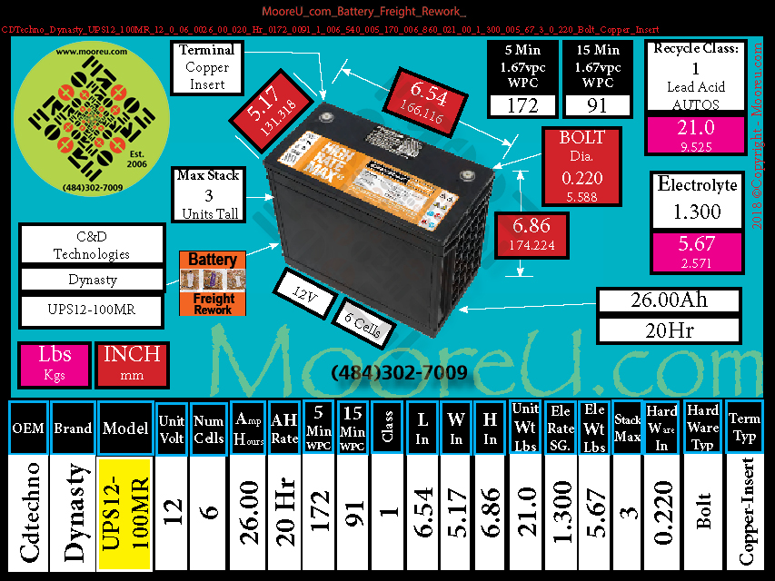 Product image for Battery Freight Rework CDTechno Dynasty UPS12 100MR