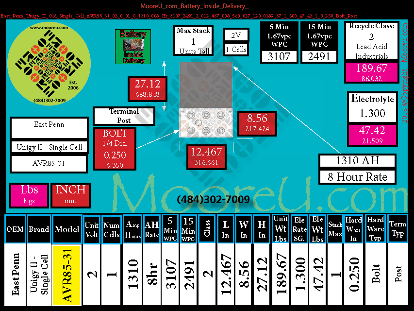 Product image for Battery Inside Delivery East Penn Unigy II Old Single Cell AVR85 31