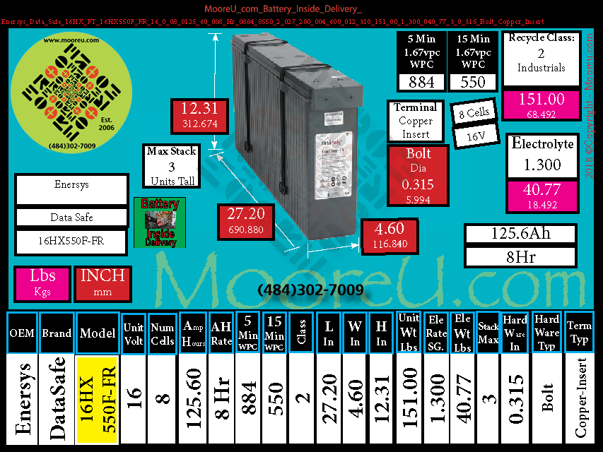 Product image for Battery Inside Delivery Enersys Data Safe 16HX FT 16HX550F FR
