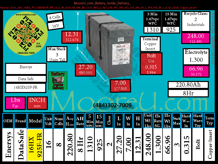 Product image for Battery Inside Delivery Enersys Data Safe 16HX FT 16HX925F FR