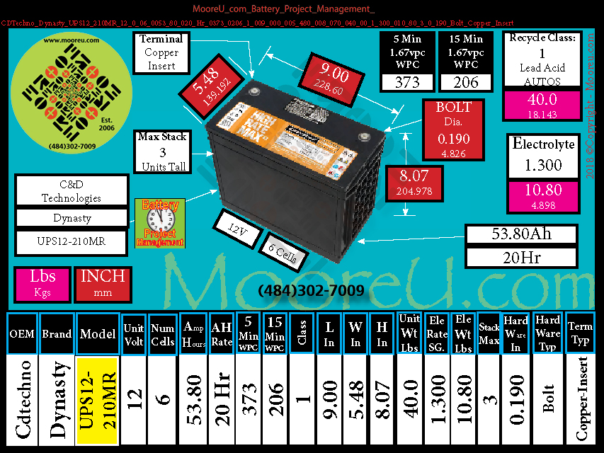 Product image for Battery Project Management CDTechno Dynasty UPS12 210MR