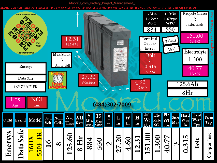 Product image for Battery Project Management Enersys Data Safe 16HX FT 16HX550F FR