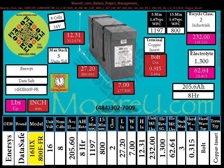 Product image for Battery Project Management Enersys Data Safe 16HX FT 16HX800F FR