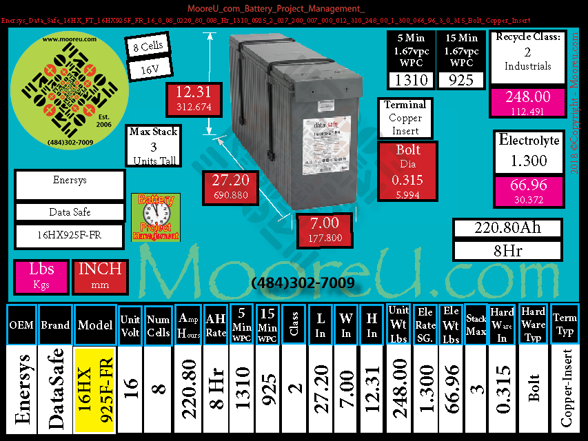 Product image for Battery Project Management Enersys Data Safe 16HX FT 16HX925F FR