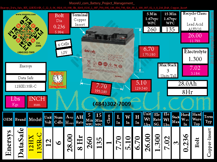 Product image for Battery Project Management Enersys Data Safe HX 12HX135R C