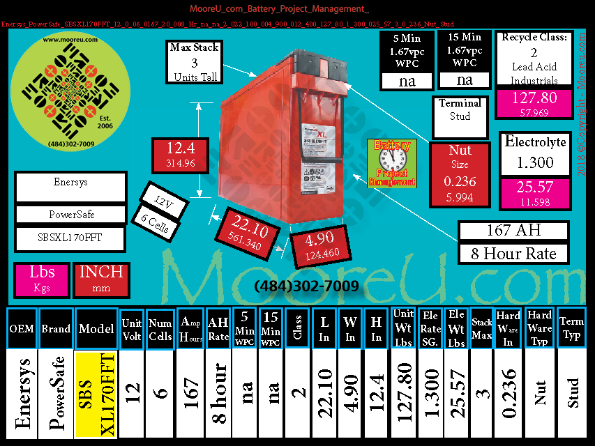 Product image for Battery Project Management Enersys PowerSafe SBSXL170FFT