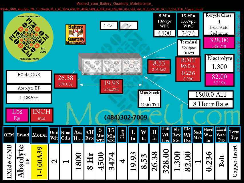 Product image for Battery Quarterly Maintenance EXide GNB Absolyte IIP 1 100A39