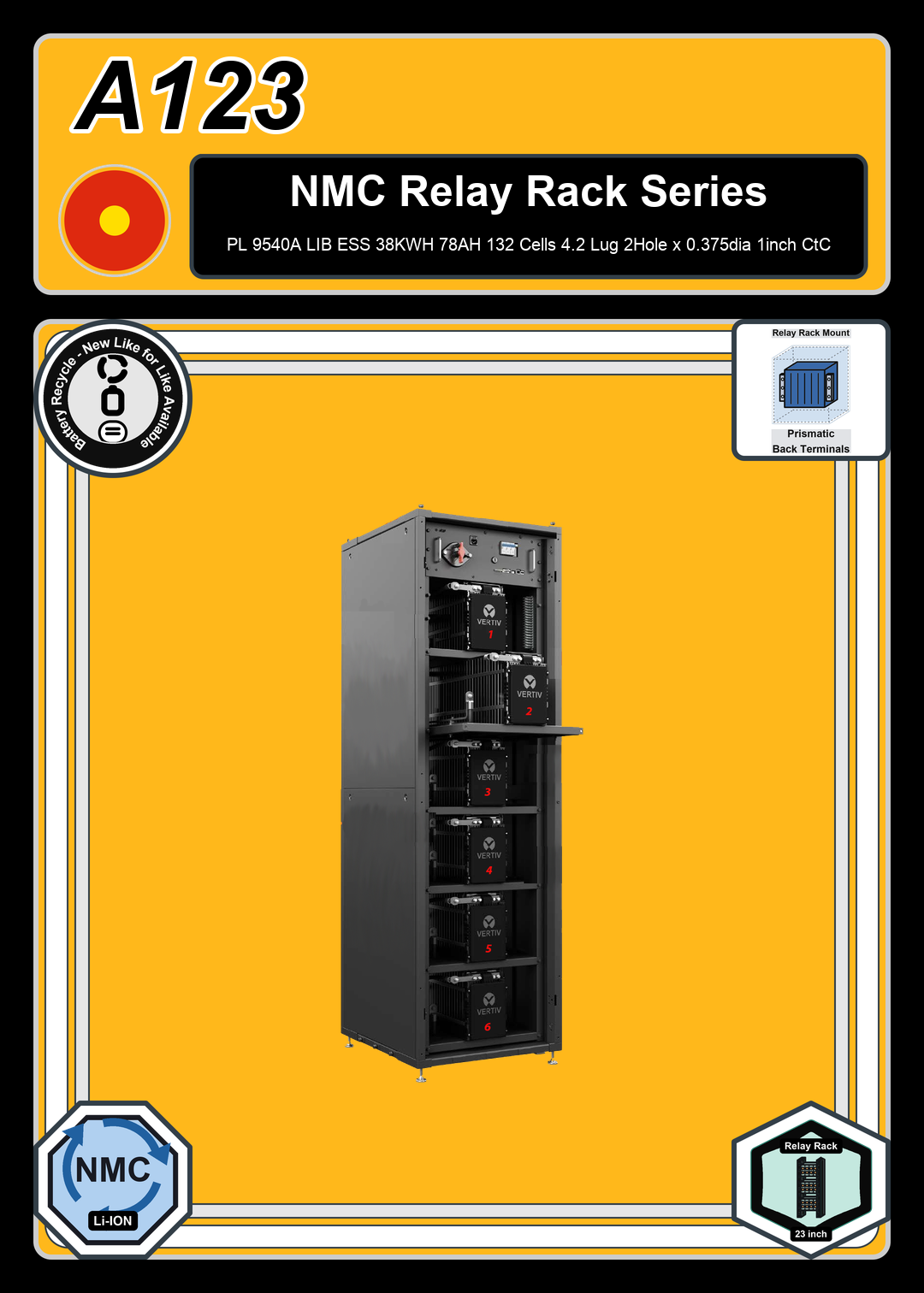 Battery Recycle A123 RelayRack HPL 9540A LIB ESS 38KWH 78AH 132 Cells 4 2 Lug 2Hole x 0 375dia 1inch CtC