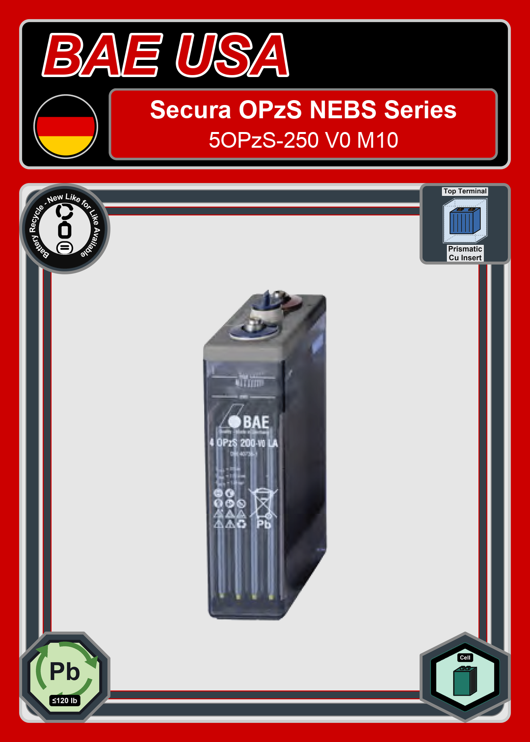 Battery Recycle BAE Battery Secura OPzS NEBS Series 5OPzS 250 V0 M10