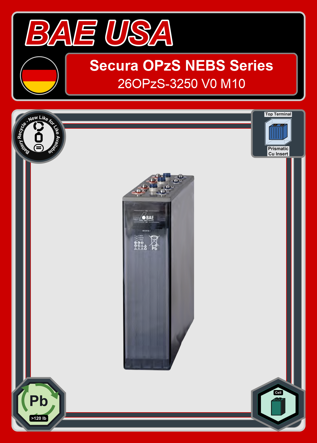 Battery Recycle BAE Battery Secura OPzS NEBS Series 26OPzS 3250 V0 M10