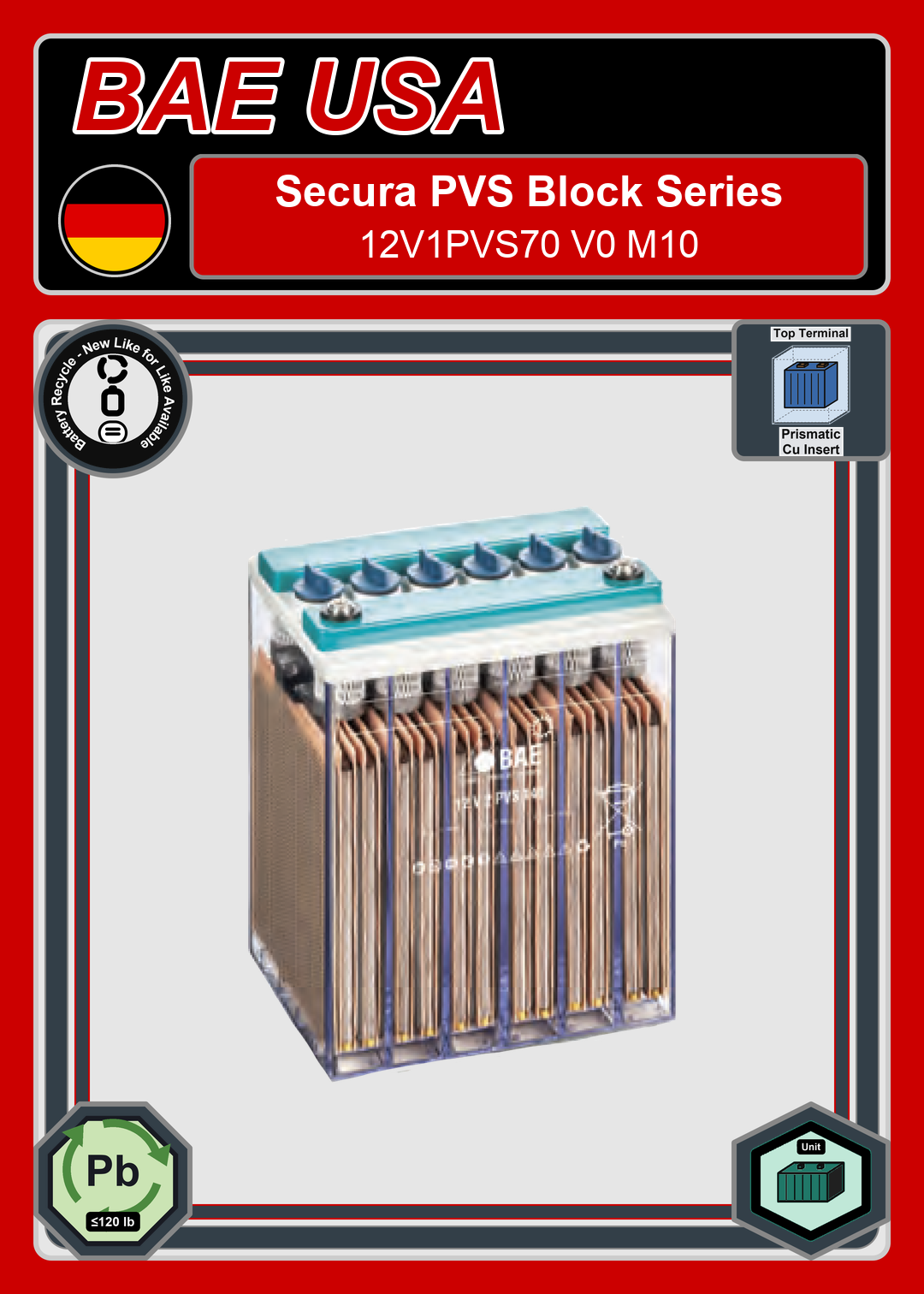 Battery Recycle BAE Battery Secura PVS Block Series 12V1PVS70 V0 M10