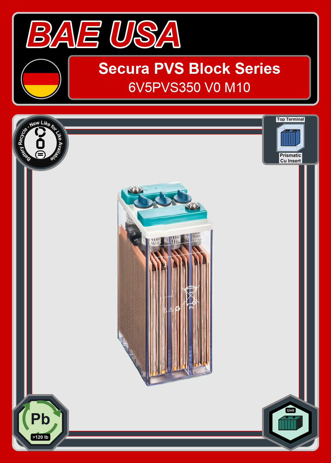 Battery Recycle BAE Battery Secura PVS Block Series 6V5PVS350 V0 M10