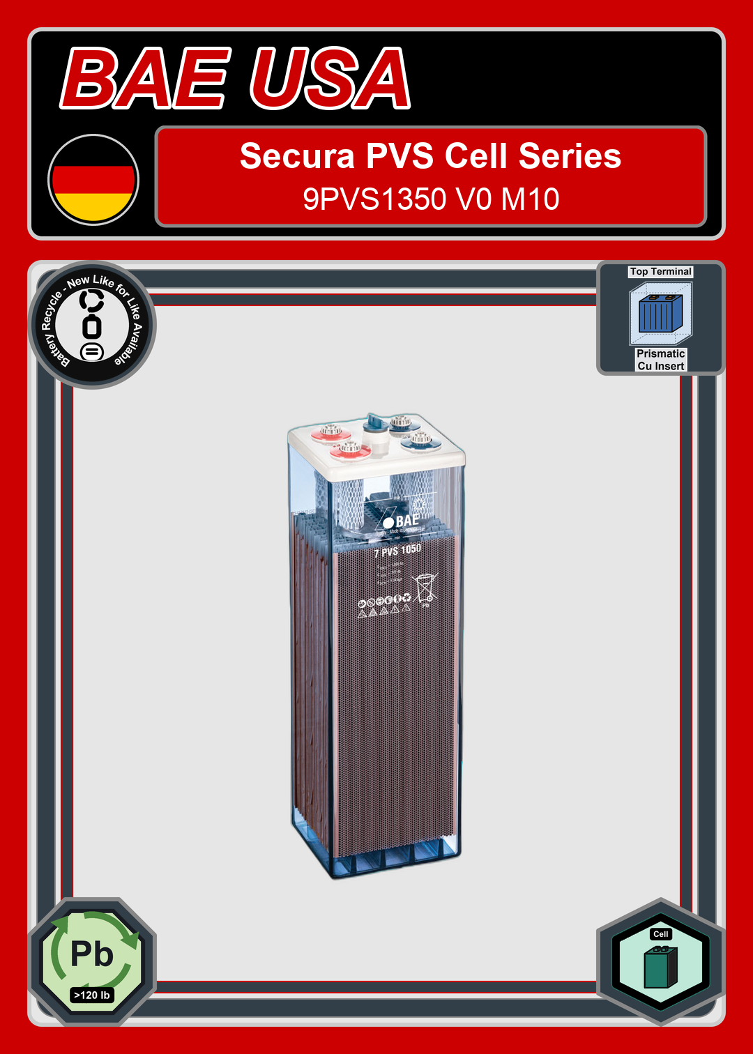 Battery Recycle BAE Battery Secura PVS Cell Series 9PVS1350 V0 M10