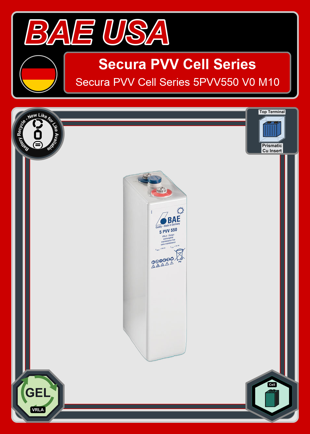 Battery Recycle BAE Battery Secura PVV Cell Series 5PVV550 V0 M10