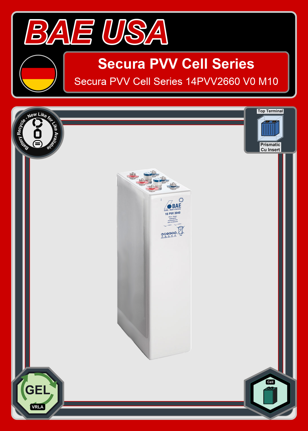 Battery Recycle BAE Battery Secura PVV Cell Series 14PVV2660 V0 M10