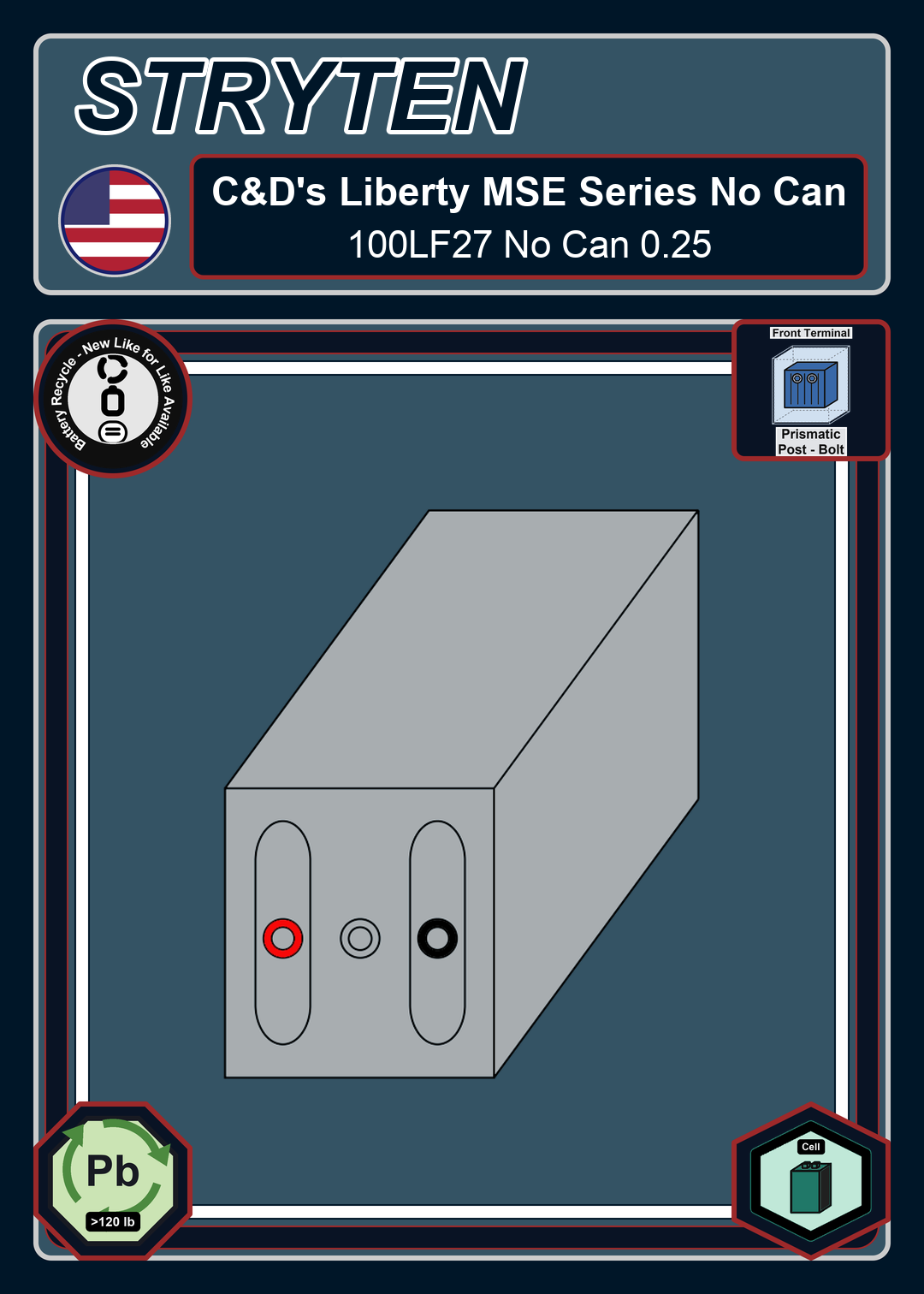 Battery Recycle CdTechno Liberty MSE Series 100LF27 No Can 0 25