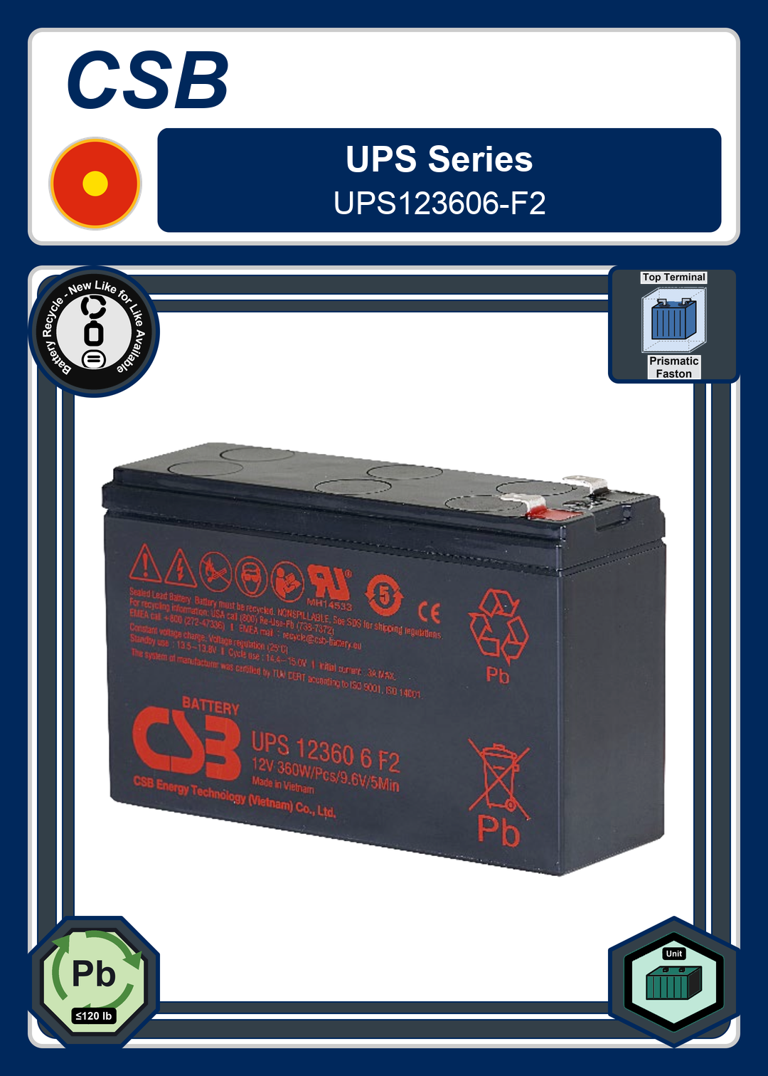 Battery Recycle CSB UPS Series UPS123606 F2