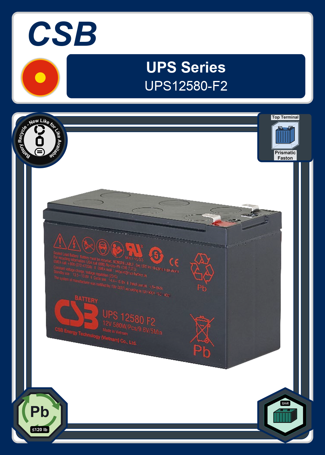 Battery Recycle CSB UPS Series UPS12580 F2