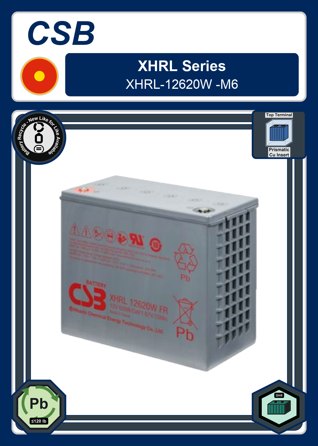 Battery Recycle CSB XHRL Series XHRL 12620W M6